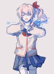  1other absurdres akiyama_mizuki blue_skirt bow bowtie brown_jacket commentary_request cowboy_shot curled_ends cut-here_line grey_background hair_ribbon hand_on_own_neck hand_on_own_wrist hands_up highres jacket kamiyama_high_school_uniform_(project_sekai) long_hair long_sidelocks long_sleeves looking_at_viewer miniskirt open_mouth other_focus pale_skin parted_bangs pink_eyes pink_hair pink_trim pleated_skirt project_sekai red_bow red_bowtie red_ribbon ribbon school_uniform serien side_ponytail sidelocks simple_background skirt smile solo splatter straight-on swept_bangs thighhighs white_thighhighs 