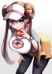  1girl absurdres alternate_breast_size_(larger) black_pantyhose blue_eyes blue_sleeves blush bow breasts brown_hair commentary cowboy_shot curvy donut_hair_bun double_bun frilled_shorts frills gradient_background grey_background hair_bun halterneck hat highres holding holding_poke_ball large_breasts leaning_forward long_hair looking_at_viewer minato_yu open_mouth pantyhose pantyhose_under_shorts pink_bow poke_ball poke_ball_print pokemon pokemon_black_2_and_white_2 raglan_sleeves rosa_(pokemon) shirt short_shorts shorts simple_background solo taut_clothes taut_shirt three-quarter_sleeves twintails twintails_with_hair_base two-tone_shirt very_long_hair visor_cap white_hat white_shirt yellow_shorts 