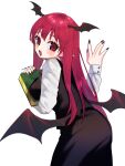  168namu3 1girl ass black_nails black_skirt black_vest blush book breasts collared_shirt commentary demon_wings head_wings highres holding holding_book koakuma large_breasts long_hair long_sleeves looking_at_viewer necktie open_mouth pointy_ears red_eyes red_hair red_necktie shirt simple_background skirt skirt_set smile solo touhou untranslatable_commentary vest white_background white_shirt wings 