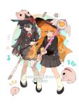  1boy 1girl animal_on_head bag black_eyes black_hair black_hat black_jacket black_shoes black_shorts black_skirt blazer blue_eyes bongy_(project_moon) bow bowtie chengnanbunancheng chinese_commentary commentary_request commission green_background green_eyes hat hat_ribbon heterochromia highres holding holding_stick holding_wand hong_lu_(project_moon) ishmael_(project_moon) jacket limbus_company limbus_kindergarten_uniform long_hair musical_note on_head orange_hair project_moon red_bow red_bowtie red_ribbon ribbon shoes shorts simple_background skirt socks stick wand watermark white_background white_socks 