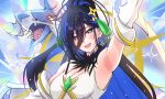  1girl :d abstract_background alternate_color alternate_shiny_pokemon arm_up armpits asymmetrical_sidelocks ayase_yuu black_hair blue_eyes blue_hair blue_streaks breasts bright_background colored_inner_hair commentary_request cosplay cynthia_(arc_suit)_(pokemon) cynthia_(pokemon) cynthia_(pokemon)_(cosplay) detached_sleeves dragon earrings fur-trimmed_collar fur_trim garchomp hair_ornament highres jewelry long_bangs long_hair long_sidelocks looking_at_viewer maximum_pamyu multicolored_hair official_alternate_hairstyle open_mouth phase_connect pokemon pokemon_(creature) pokemon_masters_ex sharp_teeth sidelocks sleeveless smile sparkle sparkling_eyes streaked_hair teeth upper_body upper_teeth_only very_long_hair yellow_pupils 