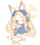  1girl absurdres alternate_costume alternate_hairstyle animal_ear_fluff animal_ears animal_on_head ascot bird bird_on_head black_hairband black_ribbon black_shirt blowing_kiss blue_archive blue_ascot blue_flower blush closed_mouth commentary_request cropped_torso flower forehead fox_ears fox_girl hair_flower hair_ornament hair_ribbon hairband highres long_hair on_head one_eye_closed partial_commentary ribbon seia_(blue_archive) shirt solo sonn_er tit_(bird) twintails very_long_hair 
