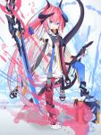  1girl asymmetrical_legwear black_gloves blue_eyes blue_thighhighs chinese_commentary commentary_request delta_(honkai_impact) fibonacci_no_usagi full_body gloves holding holding_sword holding_weapon homei_(honkai_impact) honkai_(series) honkai_impact_3rd horns jacket long_hair looking_at_viewer loot_box mismatched_legwear mismatched_thighhighs pink_hair pink_thighhighs rozaliya_olenyeva solo sword tail thighhighs very_long_hair weapon white_background white_jacket 