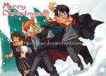  1girl 2boys black_hair brown_eyes brown_hair child christmas glasses green_eyes grey_skirt harry_potter harry_potter_(series) hermione_granger hogwarts_school_uniform lince multiple_boys orange_hair pants pine_tree ron_weasley scarf school_uniform shirt skirt smile snow tree white_shirt wizarding_world 