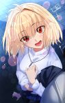  1girl absurdres ahoge antenna_hair arcueid_brunestud blonde_hair blush breasts highres long_hair long_sleeves looking_at_viewer open_mouth pov red_eyes short_hair skirt sparkle sweater tohno_shiki tsubaki9124 tsukihime tsukihime_(remake) turtleneck turtleneck_sweater white_sweater 