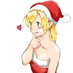  1girl alternate_costume blonde_hair blush breasts cleavage commentary_request fur-trimmed_headwear fur-trimmed_tube_top fur_trim green_eyes hand_on_own_chin hat heart highres koma_kitsune_(kururito) looking_afar mizuhashi_parsee open_mouth pointy_ears pom_pom_(clothes) red_tube_top santa_hat short_hair simple_background small_breasts smile solo strapless touhou tube_top upper_body white_background 
