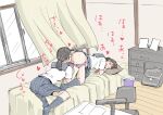  2girls bedroom bent_over black_hair blue_sailor_collar blue_skirt blue_socks brown_hair censored chair chiro88fujisaki commentary_request cunnilingus curtains desk glasses head_on_pillow highres kneehighs lamp mosaic_censoring multiple_girls on_bed oral original panties panty_pull pillow ponytail pulling_another's_clothes sailor_collar school_uniform serafuku skirt socks underwear window yuri 