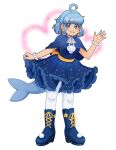 1girl ahoge bead_bracelet beads blue_boots blue_capelet blue_dress blue_eyes blue_hair blush boots bracelet capelet cetacean_tail commentary dolphin_girl dress earrings english_commentary eyelashes fins fish_tail full_body heart highres holding_own_dress jewelry neck_ribbon o3ohi original pantyhose ribbon seashell shell short_hair simple_background smile solo standing star_(symbol) star_earrings star_print tail waving white_background white_pantyhose white_ribbon 