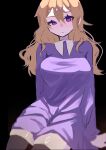  1girl black_background blonde_hair breasts closed_mouth commentary dress expressionless hair_between_eyes half-closed_eye highres large_breasts long_hair long_sleeves looking_at_viewer maribel_hearn missing_headwear purple_dress purple_eyes samma1085 sitting solo thighs touhou zettai_ryouiki 