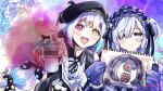  2girls :d akane_(getwild23) bare_shoulders beret black_hat black_jacket black_ribbon blue_dress blue_hairband bow closed_mouth collared_shirt colored_tips commentary_request contrast_collar dress dress_bow frilled_dress frilled_hairband frilled_sleeves frills gokuchou gothic_lolita hair_bow hair_over_one_eye hair_ribbon hairband hat heterochromia highres holding holding_sketchbook holding_spray_can jacket jacket_partially_removed jogasaki_noah lolita_fashion lolita_hairband long_hair long_sleeves mahou_shoujo_no_majo_saiban multi-tied_hair multicolored_hair multiple_girls natsume_an-an neck_ribbon off-shoulder_dress off_shoulder open_mouth polka_dot polka_dot_bow purple_eyes red_eyes ribbon shirt sketchbook sleeves_past_fingers sleeves_past_wrists smile spray_can streaked_hair teeth upper_teeth_only white_hair white_shirt wide_sleeves yellow_eyes 