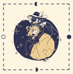  2girls black_cape black_hair black_hat black_skirt blonde_hair bow cape crescent_moon fedora hair_over_one_eye hat hat_bow highres holding_hands limited_palette long_sleeves maribel_hearn medium_hair mob_cap moon moon_phases multiple_girls nama_udon purple_eyes ribbon shoes simple_background skirt touhou usami_renko white_background white_hat white_ribbon 