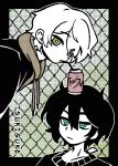  2boys andrew_graves aru_graves black_hair black_jacket black_sweater bright_pupils can can_on_head chain-link_fence commentary commission drinking_straw english_commentary fence green_eyes green_sweater hair_horns highres jacket looking_at_viewer male_focus multiple_boys nemlei_(style) oc_x_canon partially_colored sweater tag the_coffin_of_andy_and_leyley tsukiguke watermark white_hair white_pupils 