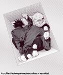  2boys artist_name ass commentary_request fushiguro_toji greyscale hands_on_own_face highres itadori_yuji jacket jujutsu_kaisen jujutsu_tech_uniform male_focus monochrome multiple_boys pants short_hair soles spiked_hair stuck_in_a_box toeless_socks toes uo9409565449846 watermark yaoi 
