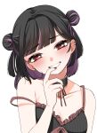  1girl black_bra black_collar black_hair black_nails blush bra breasts cinderella_series cleavage clenched_teeth collar commentary_request double_bun ear_piercing finger_to_mouth hachigatsu_no_cinderella_nine hair_bun highres looking_at_viewer medium_breasts medium_hair multicolored_hair nail_polish nara_kurumi piercing purple_hair red_eyes renta_kita simple_background smile solo strap_slip teeth underwear white_background 