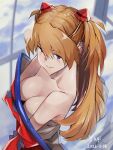  1girl bare_shoulders blue_eyes blurry blurry_background breasts brown_hair closed_mouth collarbone commentary dated downblouse hairpods highres long_hair looking_at_viewer mecha_pilot_suit medium_breasts neon_genesis_evangelion orange_hair plugsuit_(evangelion) signature solo souryuu_asuka_langley undressing yagisawa_teru 