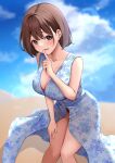  1girl absurdres bare_arms bare_shoulders blue_dress blue_sky blush bob_cut bra bra_peek breasts brown_eyes brown_hair center-flap_bangs cleavage commentary_request cowboy_shot double-parted_bangs dress finger_to_mouth floral_print floral_print_dress front_slit hand_on_own_thigh highres index_finger_raised iori_moe knees_together_feet_apart large_breasts leaning_forward long_dress looking_at_viewer minato_yu open_mouth panties panty_peek parted_hair print_dress real_life red_panties sand short_hair shushing sky smile solo sundress underwear 
