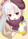  +_+ 1girl :d absurdres ahoge akizuki_kanna beret blush bow brown_coat brown_hat button_eyes buttons cafe_stella_to_shinigami_no_chou character_doll coat colored_eyelashes commentary cropped_torso doll fringe_trim hair_between_eyes hair_bow hat highres holding holding_stuffed_toy index_finger_raised long_hair long_sleeves looking_at_viewer official_alternate_costume open_mouth pointing pointing_at_object price_tag purin100610 red_bow red_eyes red_scarf scarf side_ponytail sidelocks simple_background smile smug solo stuffed_animal stuffed_penguin stuffed_toy upper_body v-shaped_eyebrows white_hair wide_sleeves winter_clothes yellow_background 
