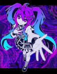  1girl :3 ahoge anatasama_(vocaloid) aqua_bow aqua_hair aqua_pupils black_border black_shoes black_skirt blue_bow border bow closed_mouth colored_skin commentary_request fishnet_socks fishnets from_above gradient_bow gradient_hair grey_jacket grey_skin highres jacket letterboxed looking_at_viewer misaki_37 multicolored_hair neon_palette outline pink_bow psychedelic purple_bow purple_eyes purple_hair reaching reaching_towards_viewer shoes skirt socks white_outline 