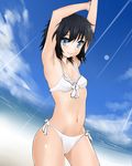  armpits arms_up bad_id bad_pixiv_id bikini black_hair blue_eyes dutch_angle face flat_chest ginji74 highres lips navel original short_hair smile solo swimsuit 