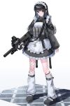  1girl absurdres apron asymmetrical_legwear black_hair black_shoes black_skirt blue_hair bullpup chain chest_rig colored_inner_hair commentary dog_tags english_commentary fishnets fn_p90 frilled_apron frills full_body gun gun_sling highres holding holding_gun holding_weapon jacket jersey_maid kneehighs leg_belt leg_warmers long_hair looking_at_viewer magazine_(weapon) maid maid_apron maid_headdress multicolored_hair original revision see-through_magazine_(weapon) shoes single_kneehigh single_leg_pantyhose single_sock skirt socks solo standing sthk submachine_gun suppressor tactical_maid track_jacket trigger_discipline turtleneck turtleneck_jacket two-tone_hair unconventional_maid uneven_legwear weapon white_apron white_leg_warmers 
