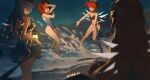  4girls absurdres alternate_costume arknights beach bikini bird_girl black_bikini blue_hair breasts chinese_commentary cleavage closed_eyes commentary_request detached_wings energy_wings exusiai_(arknights) exusiai_the_new_covenant_(arknights) feather_hair fiammetta_(arknights) halo highres lemuen_(arknights) long_hair medium_breasts mostima_(arknights) multiple_girls night one-piece_swimsuit open_mouth outdoors red_hair short_hair side-tie_bikini_bottom sky splashing star_(sky) swimsuit tianqiyubao_euc traditional_halo white_halo wings yellow_eyes 