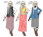  1girl arm_at_side black_gloves blue_coat boots bracelet braid brown_boots brown_shoes closed_mouth coat commentary cropped_shirt english_commentary english_text floral_print floral_print_skirt full_body fur-trimmed_boots fur-trimmed_coat fur_trim genderswap genderswap_(mtf) gloves grey_eyes grey_hair grey_skirt hand_on_own_hip jacket jewelry light_smile long_hair long_skirt long_sleeves looking_to_the_side low_twin_braids midriff narukami_yu navel necklace open_hand persona persona_4 print_skirt purple_skirt shirt shoes simple_background skirt sleeveless sleeveless_shirt socks standing twin_braids variations wanderjegson white_background white_socks yellow_shirt zipper 