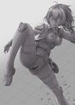  1girl bar_censor belt breasts breasts_out censored commentary_request crack duzimura empty_eyes grey_background highres knees_up legs medium_breasts medium_hair nipples nude petrification pussy shoes simple_background solo standing standing_on_one_leg thighhighs transformation variant_set zenless_zone_zero zhu_yuan 