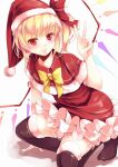  1girl alternate_costume black_thighhighs blonde_hair bloomers blush bow capelet commentary_request crystal_wings dress fang flandre_scarlet frilled_dress frills full_body grin hat hat_bow highres kanzakietc kneeling looking_at_viewer multicolored_wings no_shoes one-hour_drawing_challenge red_bow red_capelet red_dress red_eyes red_hat santa_costume santa_hat short_hair simple_background smile solo thighhighs touhou v white_background white_bloomers wings 