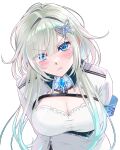  1girl :t absurdres armband arms_behind_back black_collar blue_armband blue_eyes blue_gem blue_hair blush breasts butterfly_hair_ornament chest_strap cleavage closed_mouth collar commentary dress from_above gem gradient_hair grey_hair hair_between_eyes hair_intakes hair_ornament highres long_hair long_sidelocks looking_at_viewer looking_up maximum_pamyu multicolored_hair phase_connect pout sidelocks simple_background solo swept_bangs untranslatable_commentary upper_body variant_set virtual_youtuber white_background white_dress wilhelmina_frost 