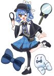  >_o 1girl :d ;d absurdres asymmetrical_legwear bag bird_hat_ornament black_bag black_bow black_bowtie black_capelet black_hat black_pantyhose black_shoes blue_hair blue_necktie blue_skirt bow bowtie braid braided_hair_rings capelet collared_shirt commentary_request contrast_collar deerstalker footwear_bow frilled_socks frills full_body grey_vest hair_bow hair_rings hat hat_bow highres layered_skirt long_sleeves looking_at_viewer mahou_shoujo_no_majo_saiban manosaka665 necktie one_eye_closed pantyhose plaid_clothes plaid_skirt shirt shoes short_hair simple_background single_leg_pantyhose skirt smile socks solo tachibana_sherry vest white_background white_bow white_shirt white_socks yellow_eyes 