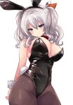  1girl animal_ear_hairband animal_ears black_leotard black_pantyhose blue_eyes bow bowtie breasts commentary cowboy_shot detached_collar fake_animal_ears grey_hair hairband highres hirune_(konekonelkk) kantai_collection kashima_(kancolle) large_breasts leotard pantyhose playboy_bunny rabbit_ears rabbit_tail red_bow red_bowtie simple_background solo strapless strapless_leotard tail twintails white_background wrist_cuffs 