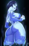  1girl artist_name ass black_background black_hair blue_eyes blue_lips blue_skin breasts colored_skin commentary cortana cowboy_shot cropped_legs from_behind halo_(series) highres kajin_(kajinman) large_breasts looking_at_viewer looking_back parted_lips patreon_username revision short_hair simple_background smile solo 