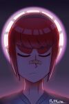  1girl absurdres aqua_sweater artist_name bandaid bandaid_on_face bandaid_on_nose closed_eyes closed_mouth dim_lighting facing_down fluffkaiser gift_art highres katya_poglavnik light_frown original portrait red_hair ribbed_collar sidelocks solo sweater thick_eyebrows 