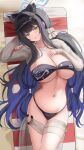  1girl absurdres animal_ears bikini black_bikini blue_archive blue_hair blue_halo breasts floral_print floral_print_bikini flower_hairclip gradient_hair green_eyes grey_sarong grey_shrug halo highres large_breasts long_hair lying multicolored_hair myaom navel official_alternate_costume on_back print_bikini sarong shrug_(clothing) shun_(blue_archive) shun_(swimsuit)_(blue_archive) solo strapless strapless_bikini swimsuit tiger_ears tiger_girl very_long_hair 