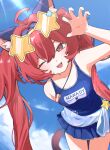  1girl absurdres ahoge animal_ear_fluff animal_ears blue_one-piece_swimsuit blue_sky breasts cat_ears cat_girl cat_tail character_name claw_pose cloud commentary_request highres kumatoku long_hair looking_at_viewer nanally_(nte) nanally_(sunny_surf)_(nte) neverness_to_everness official_alternate_costume one-piece_swimsuit one_eye_closed open_mouth red_eyes red_hair sky small_breasts smile solo star-shaped_eyewear star_(symbol) swimsuit tail twintails very_long_hair 