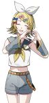 1girl absurdres aqua_bow belt blonde_hair blue_bow bow breasts commentary cowboy_shot detached_sleeves facing_viewer grey_sailor_collar grey_shorts grey_sleeves hair_bow hair_ornament hairclip heart heart_hands highres kagamine_rin midriff mini_hair_bow napio navel neckerchief number_tattoo open_mouth pink_bow red_bow sailor_collar shirt short_hair shorts simple_background sleeveless sleeveless_shirt small_breasts tattoo vocaloid white_background white_bow white_shirt yellow_belt yellow_bow yellow_nails yellow_neckerchief yellow_trim 