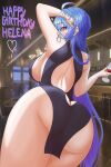  1girl absurdres alternate_costume arm_behind_head ass azur_lane back_cutout bare_shoulders black_dress blue_hair blush breasts butt_crack character_name clothing_cutout commentary cup dress drinking_glass english_commentary from_behind from_below gradient_hair hand_up happy_birthday helena_(azur_lane) highres hip_focus holding holding_cup long_hair looking_at_viewer looking_back medium_breasts multicolored_hair no_bra purple_eyes purple_hair short_dress sideboob sideless_dress sleeveless sleeveless_dress solo thighs very_long_hair wororg 
