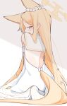  1girl absurdres animal_ear_fluff animal_ears backless_dress backless_outfit bare_back blonde_hair blue_archive blush commentary_request detached_sleeves dress extra_ears flower fox_ears fox_girl fox_tail from_behind hair_flower hair_ornament halo highres no_shoes pantyhose partial_commentary pink_eyes seia_(blue_archive) soles solo sonn_er striped_clothes striped_pantyhose tail vertical-striped_clothes vertical-striped_pantyhose white_dress white_flower white_pantyhose yellow_halo 
