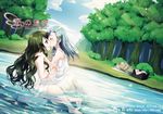  bare_shoulders barefoot basket braid closed_eyes cloud couple day dominura dress dutch_angle forest hair_ornament hairclip hand_on_shoulder kiryuu_aoko kiss multiple_girls nature outdoors profile rimone side_braid simoun sitting sky touching tree water wavy_hair wet wet_clothes white_dress yuri 