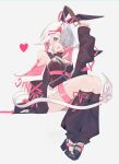  1girl animal_ear_hairband animal_ears au_ra bare_shoulders belt black_bow black_bowtie black_jacket black_leggings black_leotard black_shoes bow bowtie breasts colored_inner_hair commentary detached_collar detached_leggings dragon_girl dragon_horns dragon_tail fake_animal_ears final_fantasy final_fantasy_xiv hairband heart high-waist_belt high_heels highres horns jacket leggings leotard long_hair looking_at_viewer medium_breasts motsuni_(lxxe1120) multicolored_hair o-ring o-ring_belt open_mouth pink_hair pink_jacket playboy_bunny rabbit_ear_hairband rabbit_ears scales shoes simple_background sitting smile solo tail thigh_strap two-sided_fabric two-sided_jacket untranslatable_commentary warrior_of_light_(ff14) white_background white_hair 