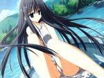  1girl 2000s_(style) black_eyes black_hair blue_sky boat day dress facing_to_the_side frilled_dress_collar game_asset kagome_(traumatize) light_blush mountainous_horizon non-web_source official_art on_boat panties parted_lips rowboat self-datamine sitting sky sleeveless sleeveless_dress solo subarashiki_hibi takashima_zakuro tree underwear variant_set visual_novel_cg watercraft white_panties wind 