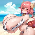  1girl absurdres animal_print areola_slip beach bell belly bikini blush breast_lift breasts choker cleavage closed_mouth cloud covered_nipples cow_print cow_print_bikini cow_print_gloves cowbell cumulonimbus_cloud curled_horns dragon_girl dragon_horns dragon_tail elbow_gloves english_commentary fang gigantic_breasts gloves grabbing_own_breast heart highres horns ilulu_(maidragon) kobayashi-san_chi_no_maidragon large_areolae navel neck_bell ocean oppai_loli plump pointy_ears print_bikini print_gloves raskasar red_tail ring_light_reflection shortstack side-tie_bikini_bottom sideboob skin_fang slit_pupils smile smug solo swimsuit tail twintails yellow_horns 