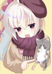  +_+ 1girl :d absurdres ahoge akizuki_kanna beret blush bow brown_coat brown_hat button_eyes buttons cafe_stella_to_shinigami_no_chou character_doll coat colored_eyelashes commentary_request cropped_torso doll fringe_trim hair_between_eyes hair_bow hat highres holding holding_stuffed_toy index_finger_raised long_hair long_sleeves looking_at_viewer mikado_(cafe_stella) official_alternate_costume open_mouth pointing pointing_at_object price_tag purin100610 red_bow red_eyes red_scarf scarf side_ponytail sidelocks simple_background smile smug solo stuffed_animal stuffed_cat stuffed_toy upper_body v-shaped_eyebrows white_hair wide_sleeves winter_clothes yellow_background 