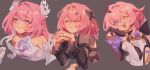  3girls bare_shoulders black_dress black_gloves blue_eyes breasts chinese_commentary color_connection commentary_request company_connection corset cropped_torso cyrene_(demiurge)_(honkai:_star_rail) cyrene_(honkai:_star_rail) doumi_doumi dress elf elysia_(honkai_impact) elysia_(miss_pink_elf)_(honkai_impact) gloves grey_background hair_color_connection honkai:_star_rail honkai_(series) honkai_impact_3rd inoue_marina large_breasts long_hair looking_at_viewer medium_hair mihoyo multiple_girls official_alternate_costume pink_hair pointy_ears purple_eyes purple_hair remielle_dan remielle_dan_(moonlight_whispers) simple_background smile very_long_hair voice_actor_connection white_corset white_dress yanning zenless_zone_zero 