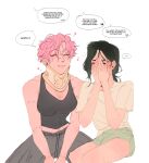  2girls alien_stage black_hair black_tank_top closed_eyes english_commentary english_text flower_symbol gf_sat_on_my_face_too_hard_(meme) green_shorts grey_pants highres hyuna_(alien_stage) isaac_(alien_stage) ivan_(alien_stage) meme mizi_(alien_stage) multiple_girls neck_brace pants pink_hair shirt short_hair shorts speech_bubble spoken_blush sua_(alien_stage) tank_top thought_bubble very_short_hair white_shirt yrolustre yuri 