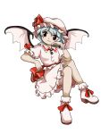  1girl absurdres bat_wings blue_hair bow brooch collared_shirt commentary_request frilled_shirt_collar frills full_body hair_between_eyes hand_on_own_face hat hat_ribbon highres jewelry kaisouou_konbu mob_cap pink_hat pink_shirt pink_shoes pink_skirt puffy_short_sleeves puffy_sleeves red_bow red_eyes red_ribbon remilia_scarlet ribbon shirt shoes short_hair short_sleeves simple_background sitting skirt skirt_set solo touhou white_background wings wrist_cuffs zun_(style) 