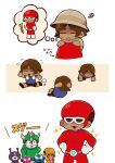  3boys 4boys :3 =_= armor belt blonde_hair bodysuit brown_hair bug chibi closed_eyes cloud commentary_request dark-skinned_male dark_skin domino_mask eating entomologist_(rhythm_tengoku) entomologist_daughter_(rhythm_tengoku) eye_mask flying_sweatdrops food gloves goggles goggles_on_head hands_on_own_hips hard_hat hat helmet highres holding horns kel_8916 male_focus mask mr._blue_(rhythm_tengoku) ms._pink multiple_boys net open_mouth outstretched_arms pith_helmet pudding red_bodysuit rhythm_tengoku rhythm_tengoku_miracle_stars robot s-catch-01 shirt short_hair shorts simple_background size_difference smile sparkle speech_bubble spread_arms squiggle sunglasses superhero_costume thought_bubble tokusatsu trembling walking warping_alien_(rhythm_tengoku) white_background white_gloves 