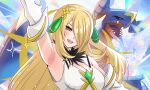  1girl arm_up armpits black_sclera blonde_hair breasts colored_sclera commentary_request cynthia_(arc_suit)_(pokemon) cynthia_(pokemon) detached_sleeves dragon fur-trimmed_collar fur_trim garchomp grey_eyes hair_ornament hair_over_one_eye highres long_hair looking_at_viewer maximum_pamyu official_alternate_costume open_mouth pokemon pokemon_(creature) pokemon_masters_ex sharp_teeth sleeveless smile solo sparkle teeth upper_body upper_teeth_only very_long_hair yellow_eyes 