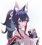  2girls animal_ear_fluff animal_ears black_hair black_jacket breasts commentary fox_ears fox_girl highres hololive jacket long_hair medium_breasts multiple_girls ookami_mio ookami_mio_(hololive_summer_2019) paishen_(team_tategami) ponytail red_hair shirakami_fubuki simple_background smile solo_focus untranslatable_commentary upper_body white_background white_hair wolf_ears wolf_girl yellow_eyes 
