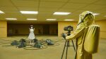  1girl 2others asymmetrical_hair backrooms_(creepypasta) bacteria_(backrooms) brown_eyes brown_hair cable camera ceiling ceiling_light chair chemise closed_mouth commentary double_v english_commentary hair_ornament hairclip hazmat_suit highres indoors iwakura_lain liminal_space model_clipping monster multiple_others road_sign serial_experiments_lain short_hair sign single_sidelock stop_sign sunzhiyu250 surprised tile_ceiling tiles tripod v white_chemise x_hair_ornament 